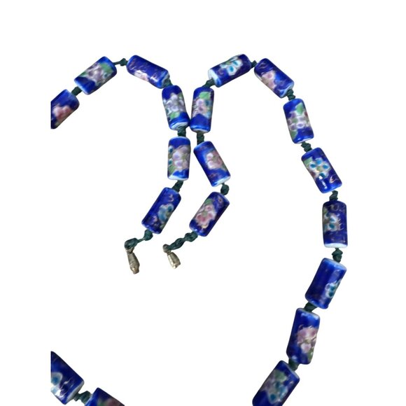 Vintage Chinese Cloisonne Blue Floral Glass Bead Necklace With Barrel Clasp 22" - Picture 4 of 6